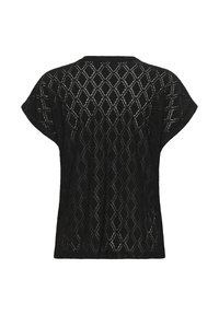 Black short-sleeve top with a diamond pattern, featuring a textured knit fabric and a relaxed fit. No visible hardware or accents.