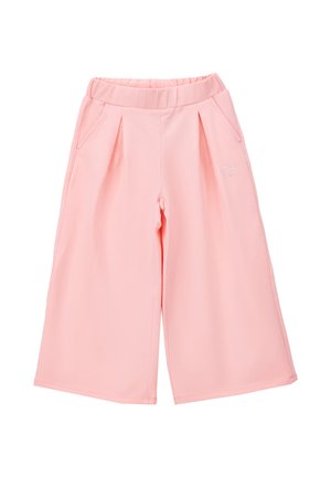 Pantalones rosas de pierna ancha con cintura elástica, bolsillos laterales, pinzas delanteras y pequeño detalle de corazón de cristal en el muslo derecho.