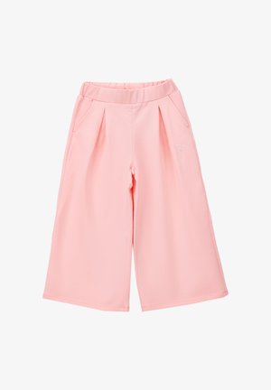 Pantalones rosas de pierna ancha con cintura elástica, bolsillos laterales, pinzas delanteras y pequeño detalle de corazón de cristal en el muslo derecho.