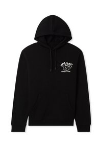 Czarna bawełniana bluza z kieszenią z przodu, regulowany kaptur ze sznurkiem oraz biały nadruk przedstawiający niedźwiedzia i tekst na lewej stronie klatki piersiowej.