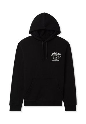 Felpa nera in cotone con tasca frontale, cappuccio regolabile con cordino e grafica bianca che presenta un orso e testo sulla parte sinistra del petto.