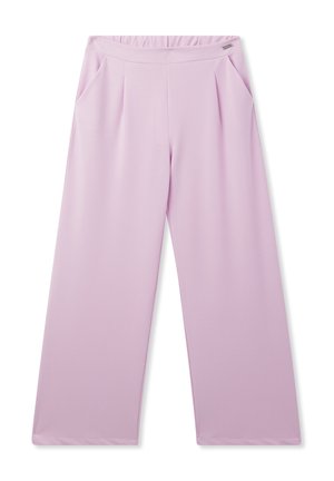 Pantaloni a gamba larga di un rosa chiaro, con una texture liscia, cintura elasticizzata e due tasche frontali; progettati per comfort e libertà di movimento.