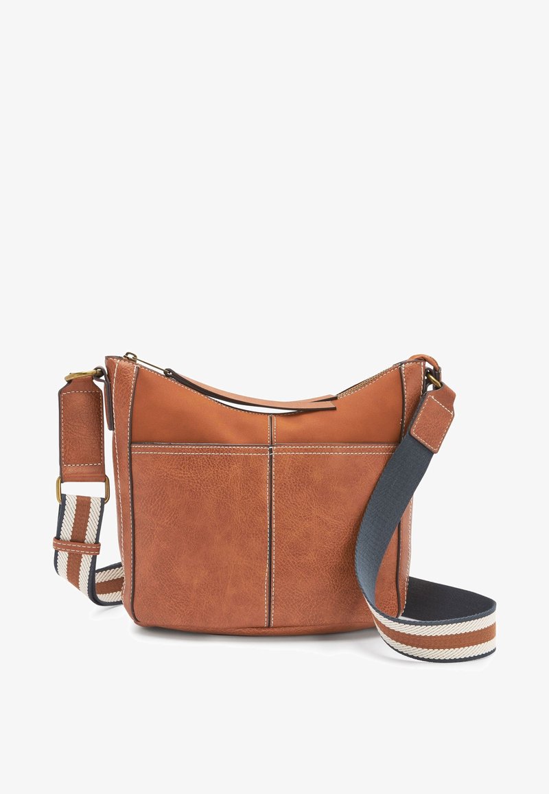 Braune Leder-Crossbody-Tasche mit strukturiertem Finish, oberem Reißverschluss und einem gestreiften Stoffriemen mit marineblauen, cremefarbenen und braunen Akzenten.