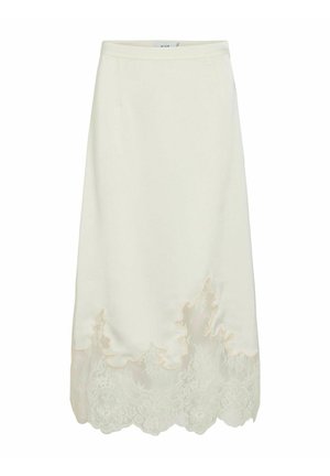 Kreemja värvi midi seelik siledast materjalist, mille alumisel äärel on keerukas pitskattega disain, millel on laineline serv.