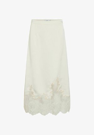 Tej színű midi szoknya sima textúrával, a szegélyén finom csipkeborítással és fodros szegéllyel.