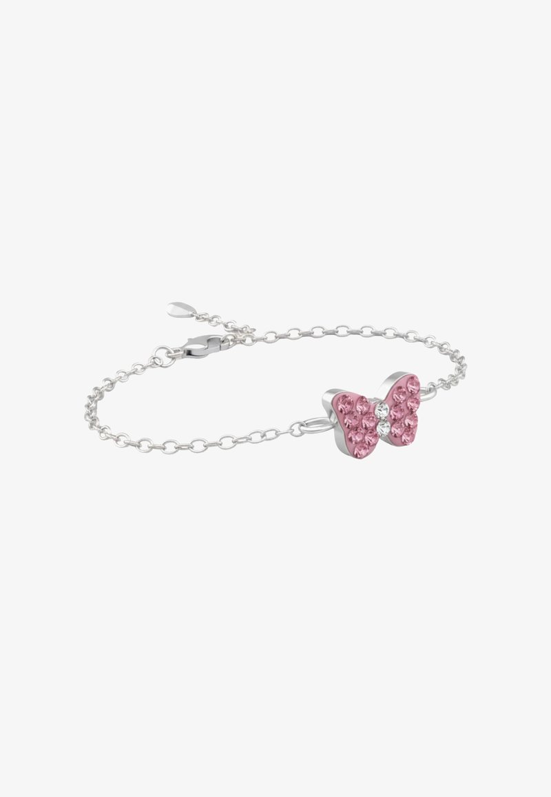 Braccialetto d'argento con ciondolo a forma di farfalla rosa decorato con cristalli rosa e trasparenti, su una catena sottile con chiusura a moschettone.