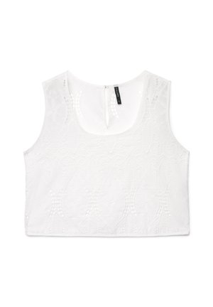 Top corto bianco senza maniche con motivo in pizzo floreale e chiusura con bottoni sul retro, taglia piccola.