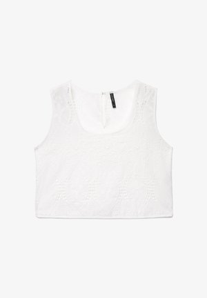 Top corto bianco senza maniche con motivo in pizzo floreale e chiusura con bottoni sul retro, taglia piccola.