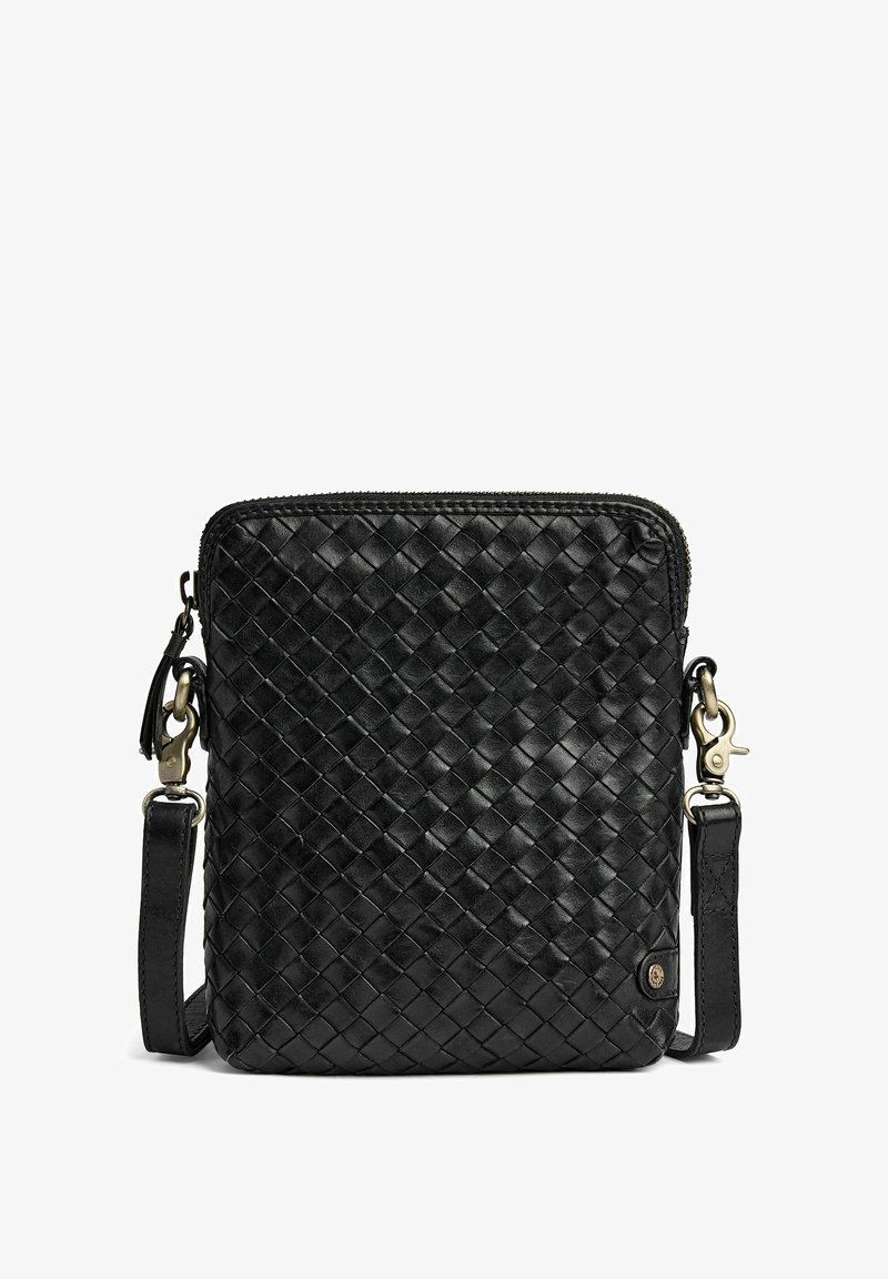 Musta nahkainen olkalaukku, jossa kudottu rakenne, vetoketjullinen suljenta, irrotettava hihna ja metalliset yksityiskohdat.