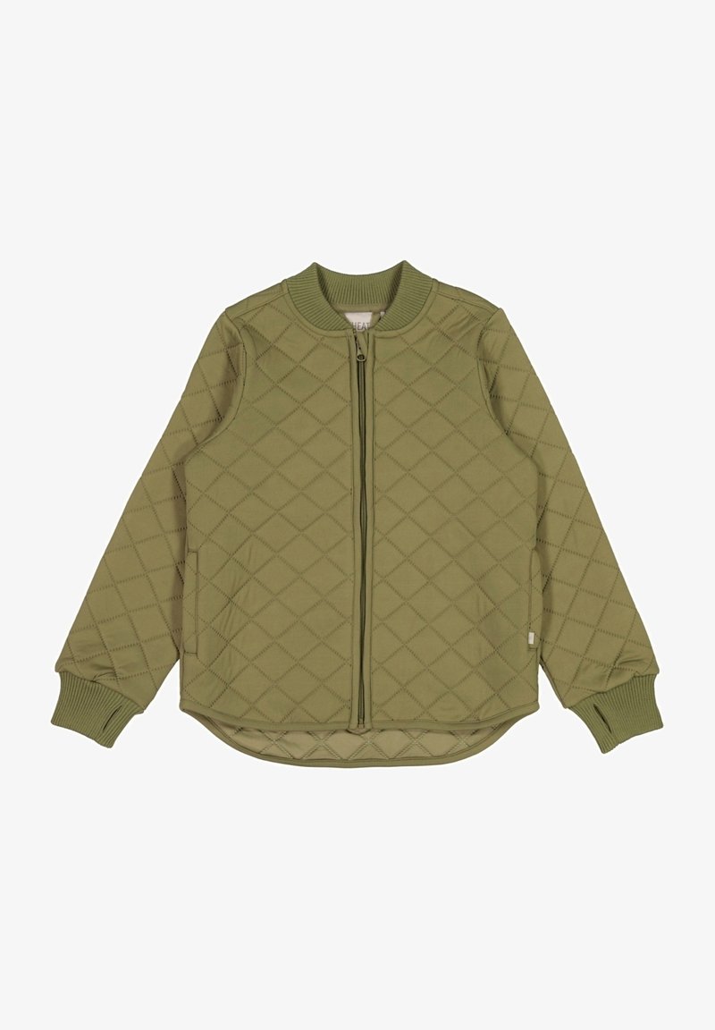 Olivgrüne gesteppte Jacke mit Reißverschlussfront, geripptem Kragen und Bündchen. Mit Rautenmuster und leicht abgerundetem Saum.