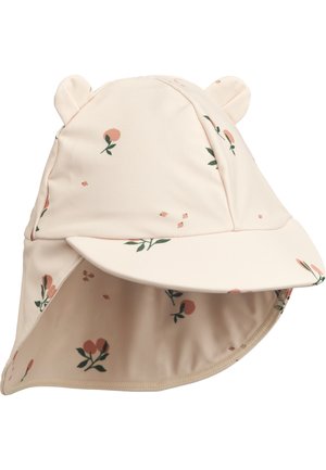 Cappello da sole rosa chiaro con motivo floreale, orecchie da orso sulla parte superiore, tesa larga e protezione per il collo, realizzato in tessuto morbido ed elastico.