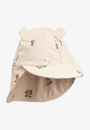 Jasnoróżowy kapelusz przeciwsłoneczny z kwiatowym wzorem, uszami misia na górze, szerokim rondem i klapą na szyję do ochrony przed słońcem, wykonany z miękkiego, elastycznego materiału.