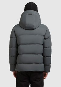 Grijze pufferjack met capuchon, voorzien van een gestikt ontwerp, dikke voering en een gladde, glanzende buitenkant. Zwarte gebreide muts zichtbaar erboven.