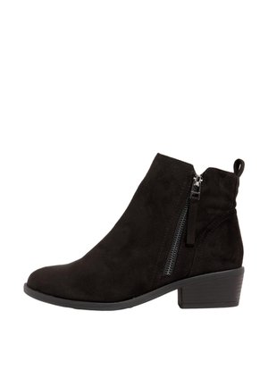 Black suede ankle boot with side zipper, low stacked heel, rounded toe, and pull tab at the back.