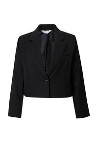 Blazer nero accorciato in tessuto morbido, con chiusura a un pulsante, revers a punta e taschino sul petto. Design semplice, maniche lunghe.