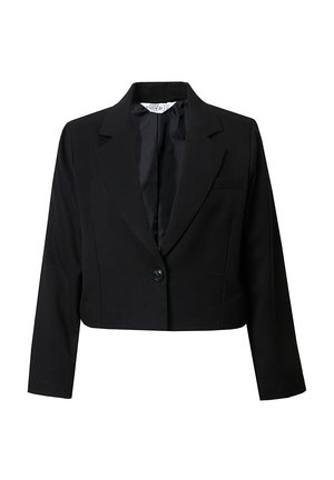 Vrouwelijke zwarte blazer met een cropped snit, gemaakt van een gladde stof. Voorzien van een enkele knoopsluiting, notch revers en een borstzak. Eenvoudig ontwerp, lange mouwen.