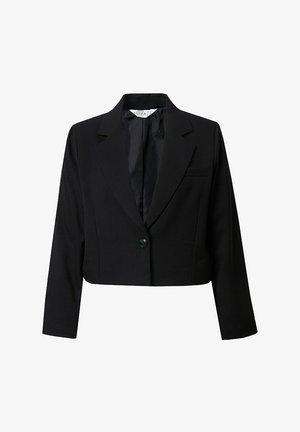 Blazer negro recortado hecho de una tela suave, con cierre de un solo botón, solapas de muesca y un bolsillo en el pecho. Diseño simple, mangas largas.