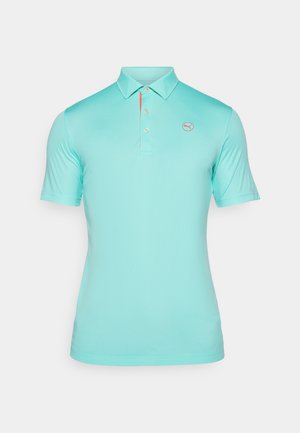 Light turquoise polo shirt made of smooth fabric, featuring a collar, three buttons, and a small logo on the chest. Short sleeves.