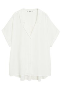 Biała koszula z krótkim rękawem zapinana na guziki z kołnierzykiem, wykonana z lekkiego materia�łu, charakteryzująca się luźnym krojem i zakrzywionym dołem.