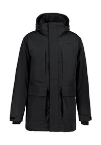 Zwarte parka jack met hoge kraag, ritsluiting aan de voorkant, twee grote voorzakken en elastische manchetten. Soepele, waterafstotende stof.