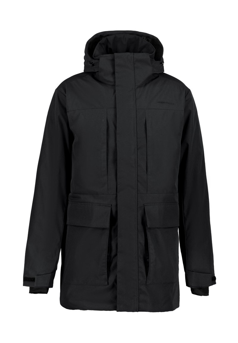 Zwarte parka jack met hoge kraag, ritsluiting aan de voorkant, twee grote voorzakken en elastische manchetten. Soepele, waterafstotende stof.