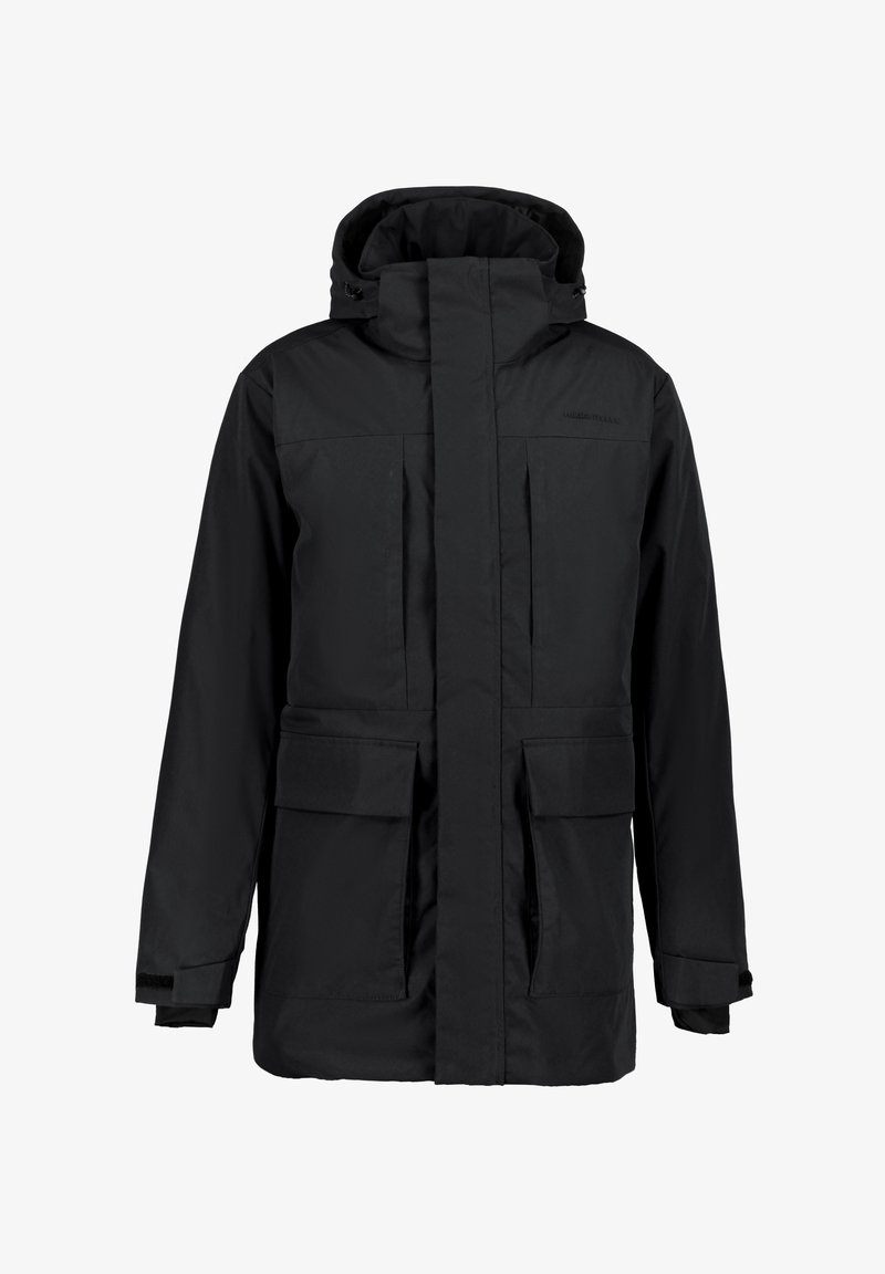 Zwarte parka jack met hoge kraag, ritsluiting aan de voorkant, twee grote voorzakken en elastische manchetten. Soepele, waterafstotende stof.