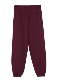 Burgundowe dresy z elastycznym paskiem w talii i mankietami, wykonane z miękkiego materiału. Posiadają dyskretną grafikę na udzie i boczne kieszenie.