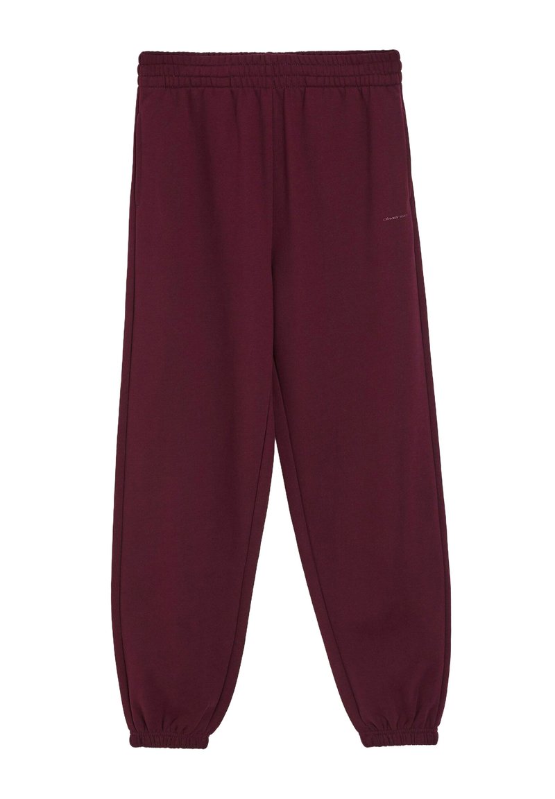 Burgundowe dresy z elastycznym paskiem w talii i mankietami, wykonane z miękkiego materiału. Posiadają dyskretną grafikę na udzie i boczne kieszenie.