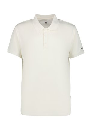 Biała koszulka polo z krótkim rękawem, trzema guzikami oraz subtelnym logo marki na lewym rękawie, przedstawiona na jednolitym tle.