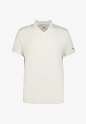 Valkoinen lyhythihainen poolopaita, jossa on kolme nappia ja hillitty brändilogo vasemmassa hihassa, esillä yksinkertaisella taustalla.