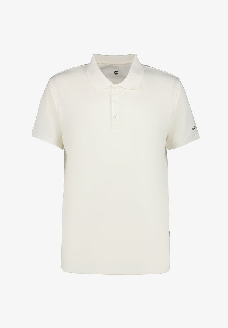 Biała koszulka polo z krótkim rękawem, trzema guzikami oraz subtelnym logo marki na lewym rękawie, przedstawiona na jednolitym tle.