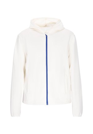 Hvid hættetrøje med blå lynlås, to sidelommer og en blød, glat tekstur. Enkelt design med lange ærmer.