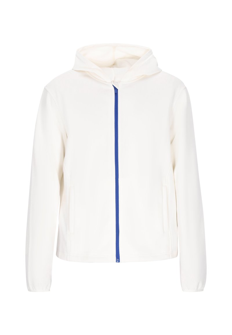 Valkoinen hupullinen takki, jossa on sininen vetoketju, kaksi sivutaskua ja pehmeä, sileä pinta. Yksinkertainen muotoilu pitkillä hihoilla.