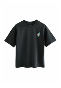Black cotton t-shirt featuring a crew neckline and short sleeves, with a colorful pineapple design embroidered on the left chest.
