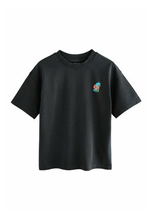 Tricou negru din bumbac, cu guler rotund și mâneci scurte, având un design colorat cu un ananas brodat pe pieptul stâng.