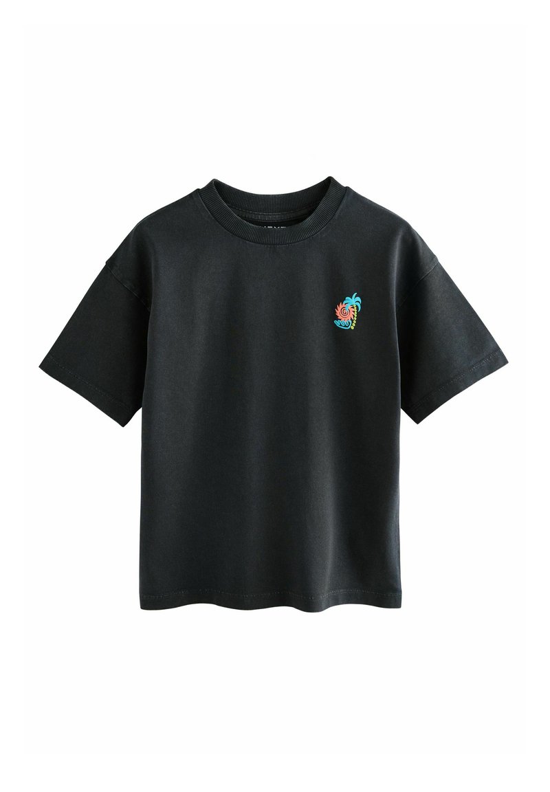 Black cotton t-shirt featuring a crew neckline and short sleeves, with a colorful pineapple design embroidered on the left chest.