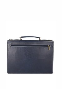 Sac en cuir marine avec une finition texturée, doté d'une poignée supérieure, d'une fermeture zippée et de coutures blanches le long des bords.