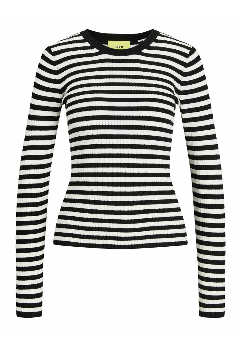 Maglia a maniche lunghe a righe bianche e nere con scollo rotondo e vestibilità aderente. Tessuto strutturato con motivi orizzontali a contrasto.
