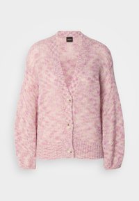 Cardigan lavorato a maglia rosa e crema con scollatura a V, maniche lunghe e quattro grandi bottoni. Presenta una vestibilità ampia e un design a motivi testurizzati.