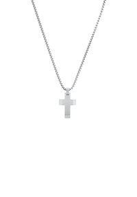 Collana in argento con un pendente a croce piatta, opaca, dai bordi squadrati e superficie liscia, il tutto su uno sfondo bianco.