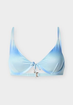 Light blue gradient bra with thin adjustable straps, underwire support, front tie with small decorative charms, and back clasp closure.
