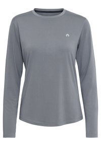 Grijs longsleeve shirt van soepel materiaal met een ronde hals; heeft een subtiele logo op de borst en een afgeronde zoom.