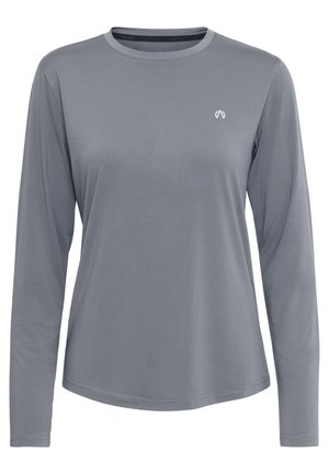 Long-sleeve grey shirt made of smooth fabric with a rounded neckline; features a subtle logo on the chest and a curved hem.