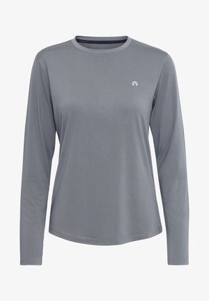 Langärmliges graues Shirt aus glattem Stoff mit rundem Ausschnitt; verfügt über ein dezentes Logo auf der Brust und einen abgerundeten Saum.