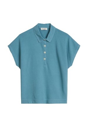 Blauw polohemd met korte mouwen, een kraag en vier witte knopen aan de voorkant.