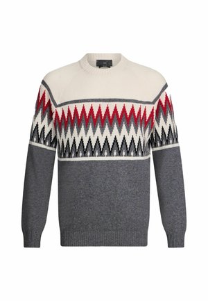 Sweater pour homme à col rond avec un motif zigzag rouge, gris, noir et blanc sur la poitrine et le haut des manches, corps et manches inférieures gris uni.