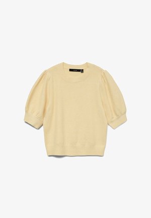 Kremna pletena majica s kratkimi rokavi z nabranimi rokavi ter rebrastimi manšetami, izrezom in robom, položena na ravno belo podlago.