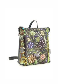 Borsa a tracolla multicolore, con motivi floreali, caratterizzata da una base nera, dettagli lucidi, manico superiore e tracolla removibile.