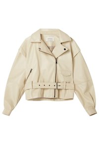 Licht beige nep-leder cropped jack met een reverskraag, ritssluiting, zijzak en een ceintuur in de taille. Bevat doorgezakte schouders en een gladde textuur.