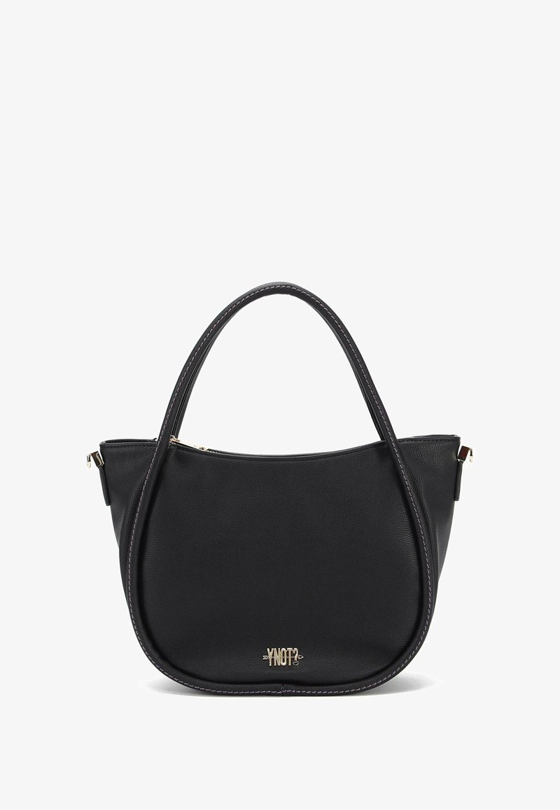 Borsa a tracolla in pelle nera con design curvo, doppi manici e chiusura con zip. Presenta cuciture dettagliate e un piccolo logo dorato sul davanti.